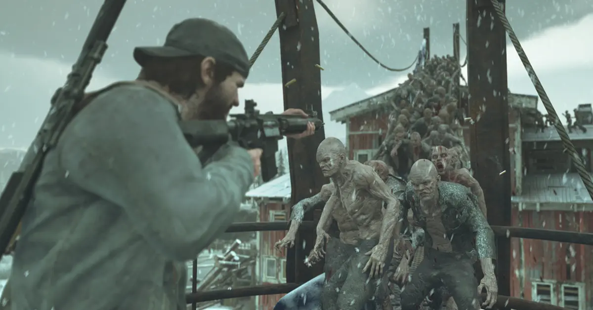 Een enorme horde Freakers achtervolgt Deacon door een verlaten houtzagerij in Days Gone.