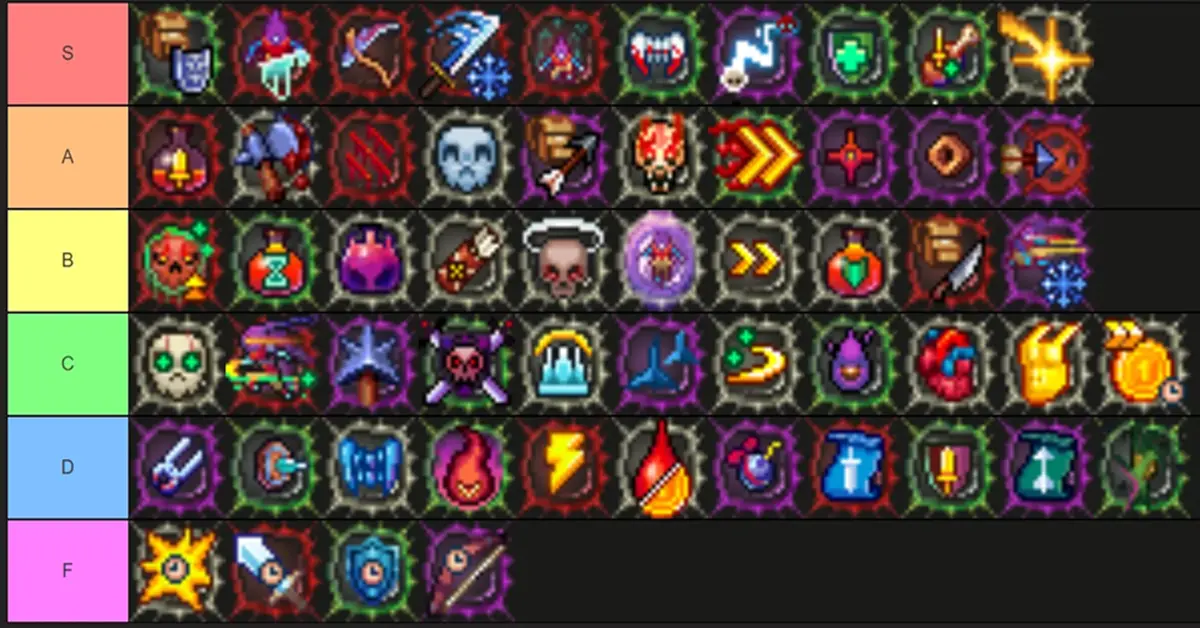 Een gedetailleerd inventarisscherm in Dead Cells met diverse wapens, mutaties en karakterstatistieken.