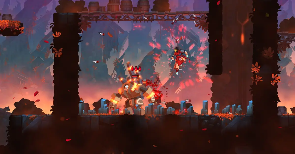 De onthoofde protagonist uit Dead Cells voert een neerwaartse verpletterende aanval uit tegen meerdere vijanden in een donkere, pixel-art kerkeromgeving.