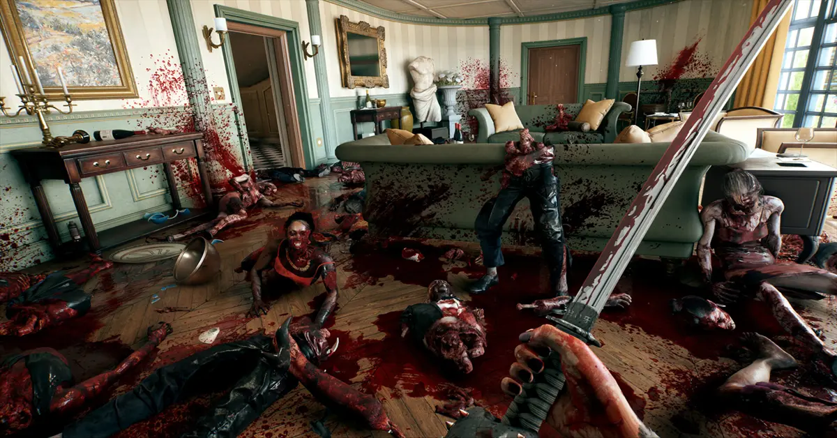 Een speler die een gemodificeerde elektrische katana gebruikt tegen zombies in een landhuis in Hollywood.