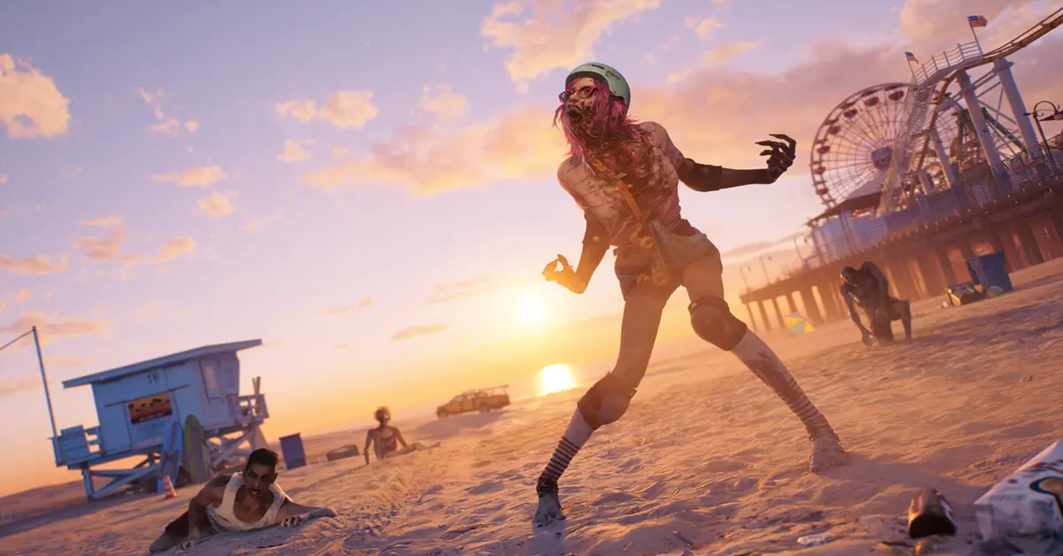 Een contrastrijke opname van de pier van Los Angeles met zombies op de voorgrond en fel zonlicht.