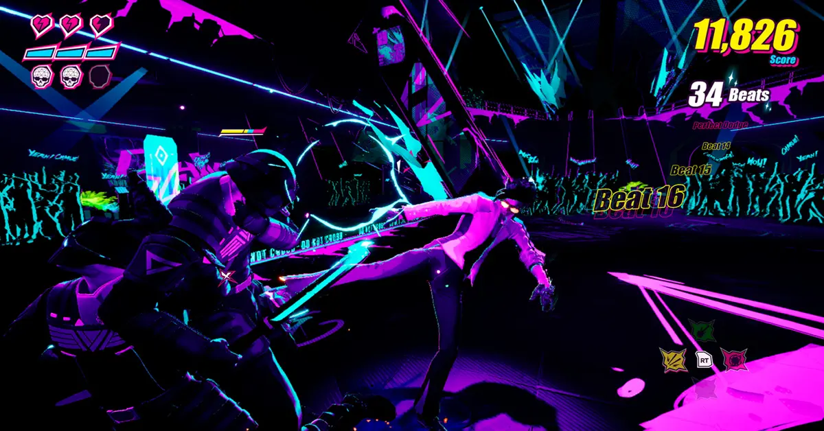 Charlie Disco voert een met de beat gesynchroniseerde trap uit op een neonpodium in Dead As Disco.