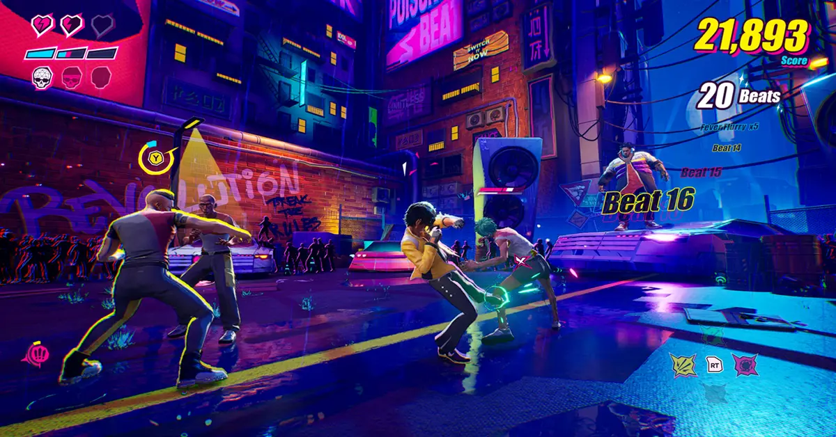 Gameplay-beelden van de neonkleurige ritme-brawler Dead As Disco, waarin Charlie Disco tegen vijanden vecht.