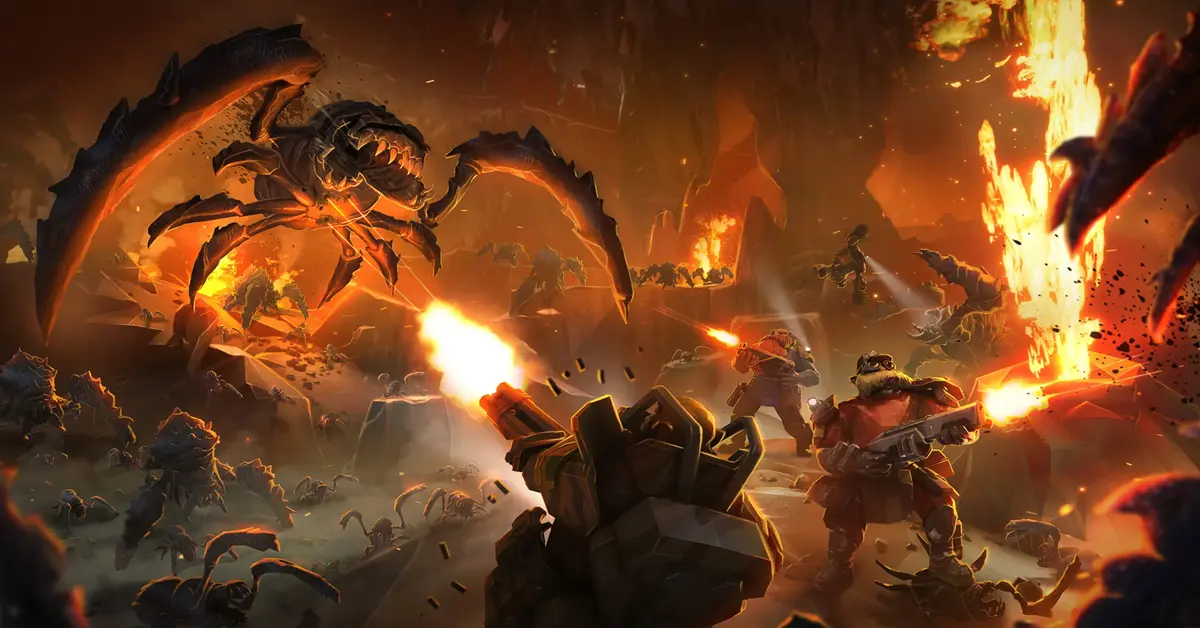 Een dwergenteam uit Deep Rock Galactic vecht tegen een enorme zwerm buitenaardse Glyphid-insecten terwijl ze goud delven