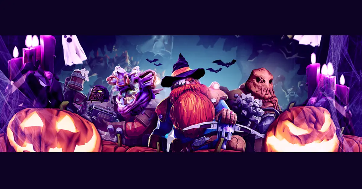 Een reeks Deep Rock Galactic mijnwerkers die verschillende cosmetische hoeden met Halloween-thema dragen, waaronder schedels en pompoenen