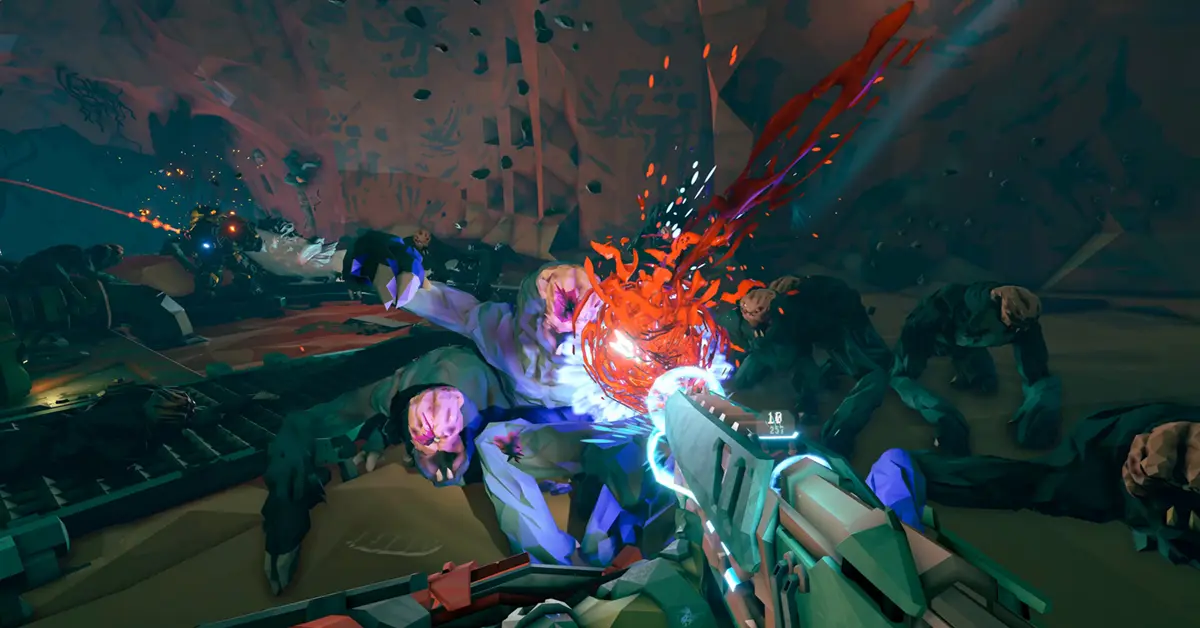 Eerstepersoonsaanzicht van een Reclaimer die Corespawn-vijanden bevecht in Rogue Core
