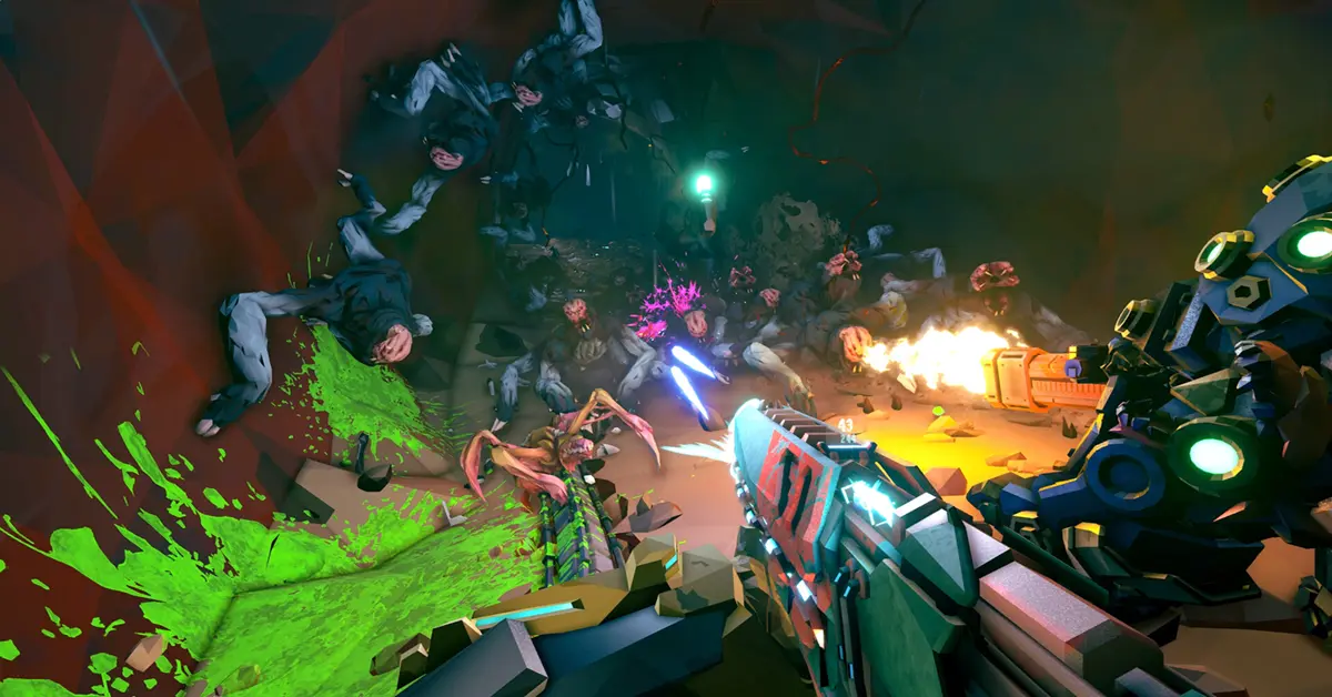 Een Reclaimer-squadron vecht tegen een zwerm Corespawn-vijanden in een metalen, verlaten Deep Rock Galactic-faciliteit.