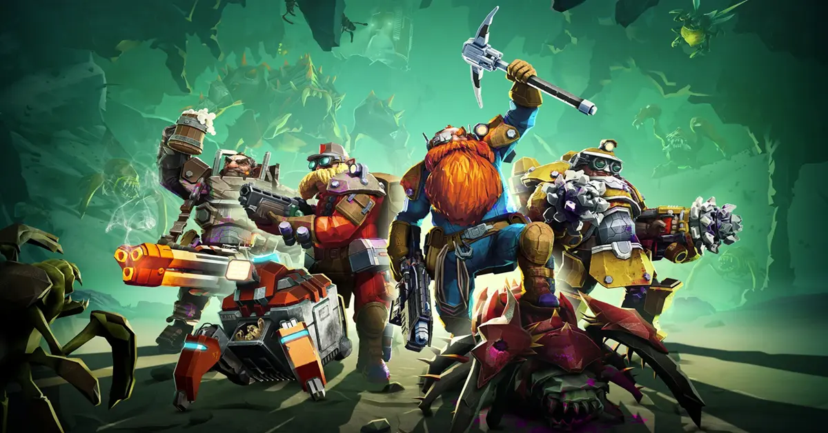 Een team van zwaarbewapende dwergmijnwerkers die samen in een donkere, gloeiende buitenaardse grot staan in Deep Rock Galactic