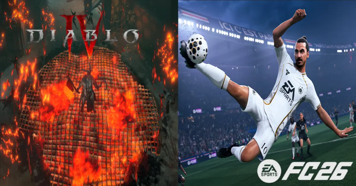 Side-by-side gameplay screenshots van een vurige kerkerstrijd in Diablo 4 en een spannende penalty in EA Sports FC 26