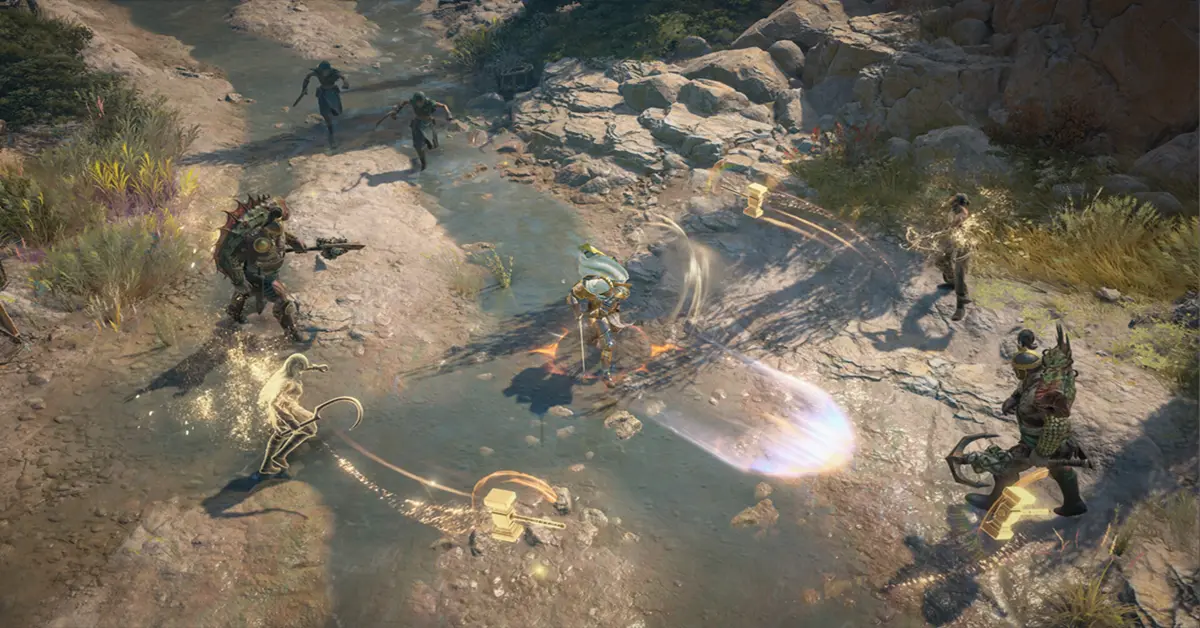 Gameplay screenshot dat een Paladin-personage toont met een gloeiend rood zwaard en schild tegen een donkere achtergrond in Diablo IV