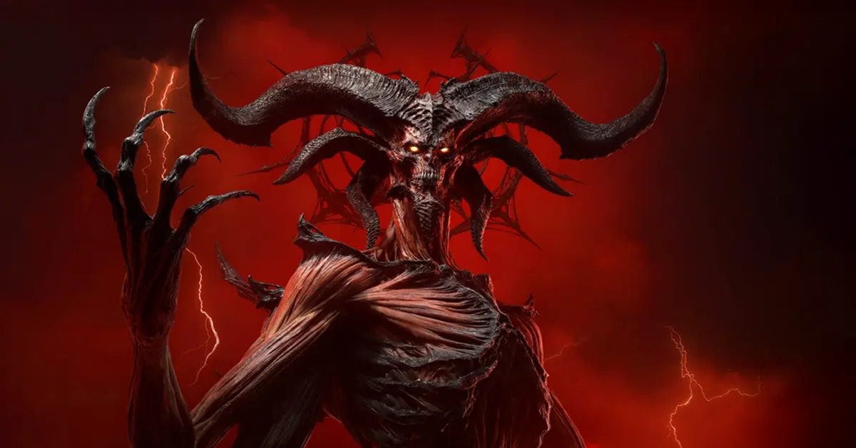 Officiële Diablo IV Lord of Hatred artwork met een gecorrumpeerde demonische figuur tegen een strakke rode achtergrond