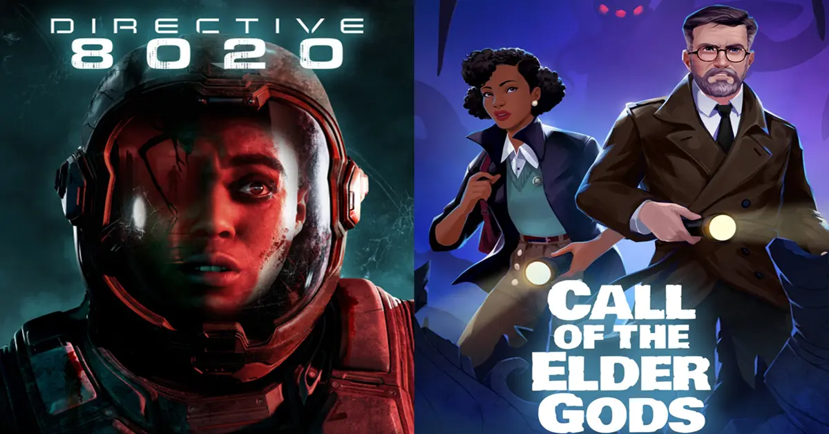 Gesplitst scherm dat de sci-fi horror Directive 8020 en het eldritch avontuur Call of the Elder Gods toont