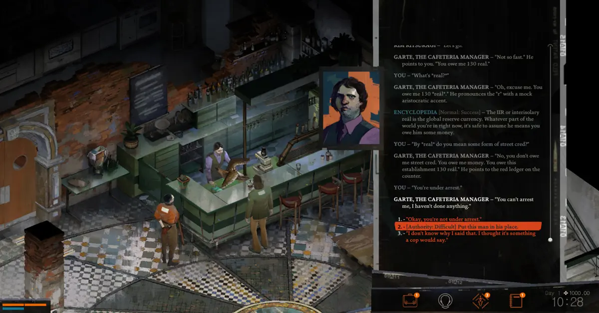 De complexe interface voor vaardigheidstests en dialogen in Disco Elysium