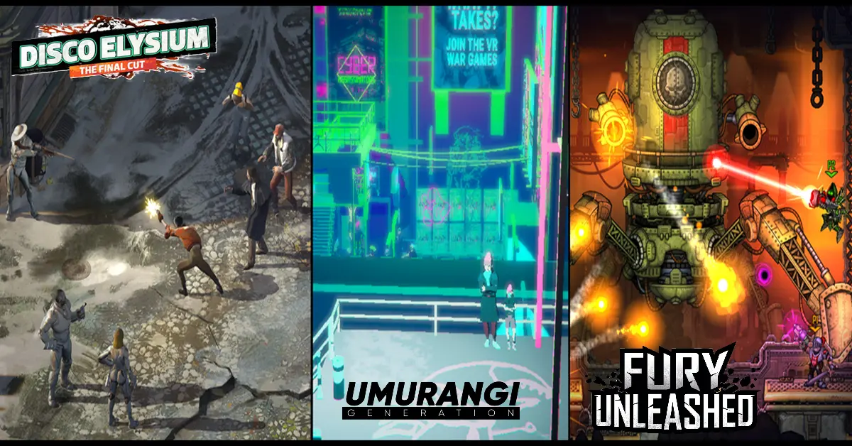 Collage van gameplay-schermen van Disco Elysium, Umurangi Generation en Fury Unleashed