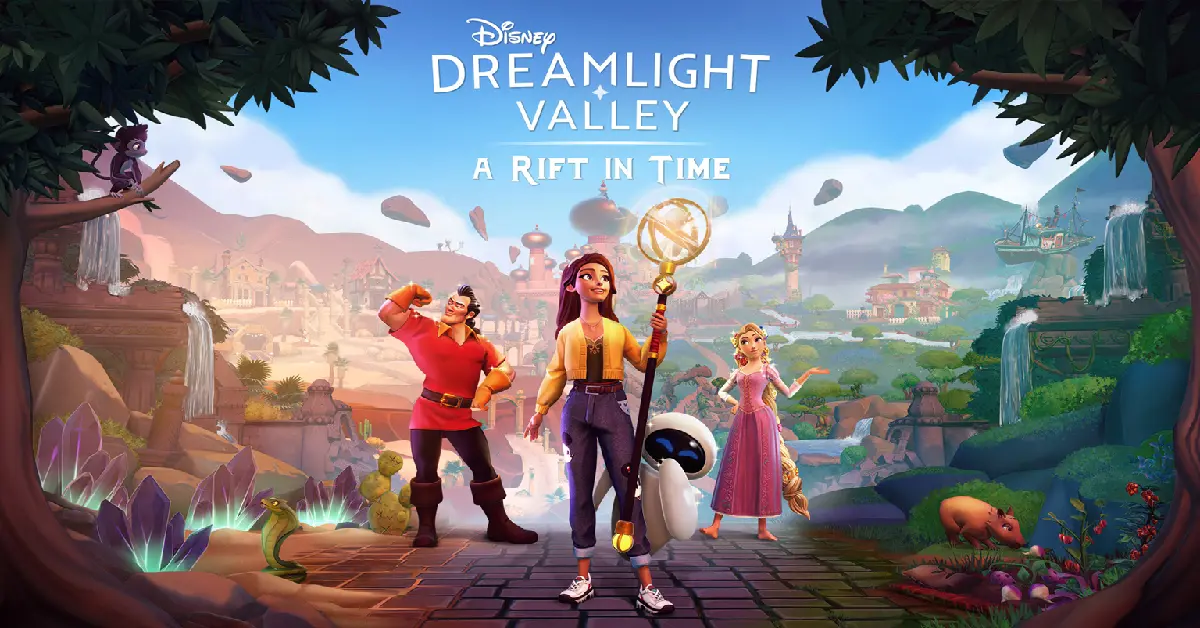 Personages uit de Disney Dreamlight Valley A Rift in Time uitbreiding Rapunzel Gaston en EVE op Eternity Isle.