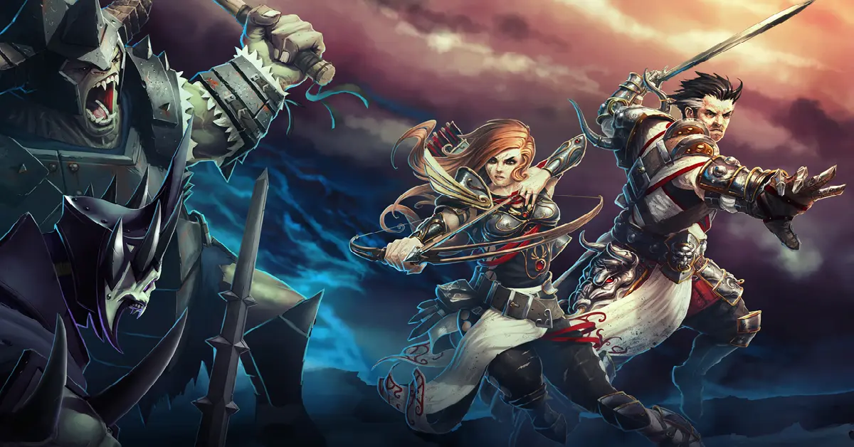 Key art van Divinity Original Sin Enhanced Edition met de hoofdpersonages die een levendige, gedetailleerde fantasieomgeving verkennen.