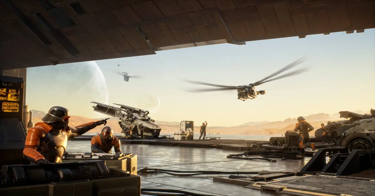 Een squadron ornithopters dat over een zwaar gefortificeerde player base in de woestijn vliegt.