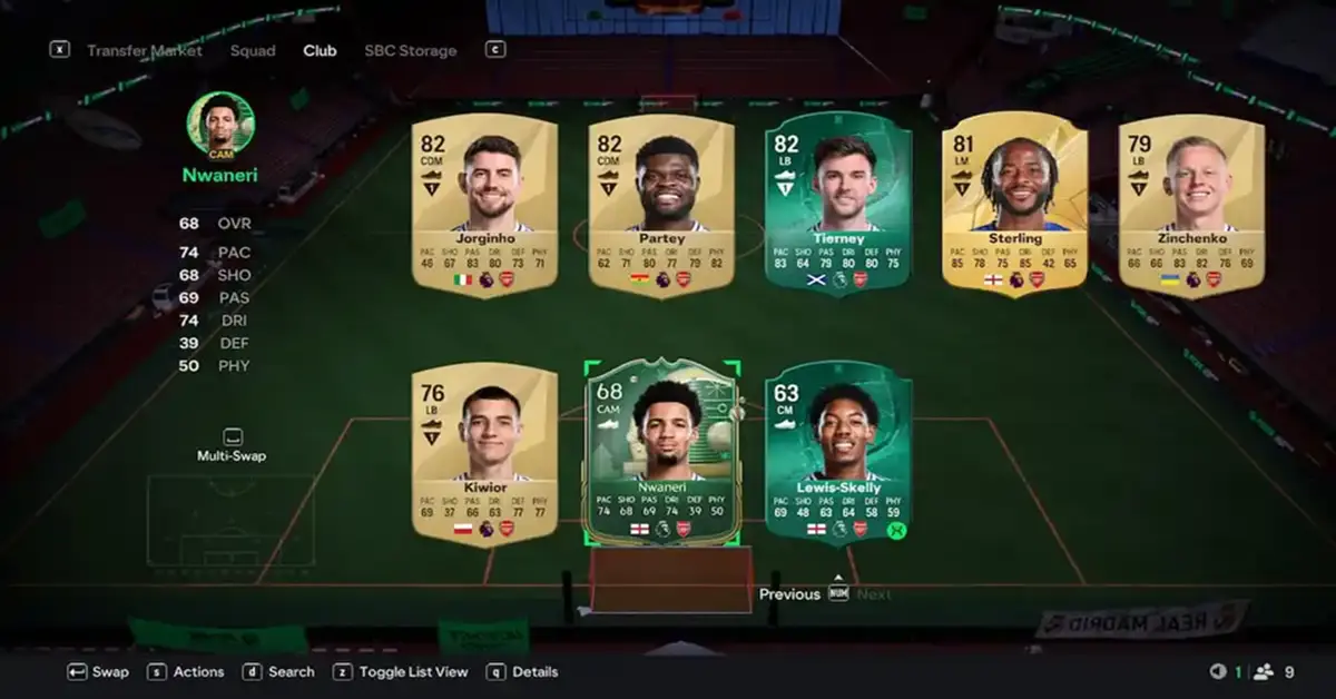 EA SPORTS FC 25 Ultimate Team kaartbeheer-interface met bijgewerkte spelerattributen.