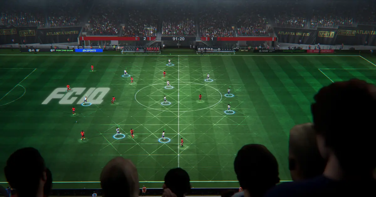 Gameplay-scherm van een EA SPORTS FC 25 wedstrijd met Ultimate Team-spelers