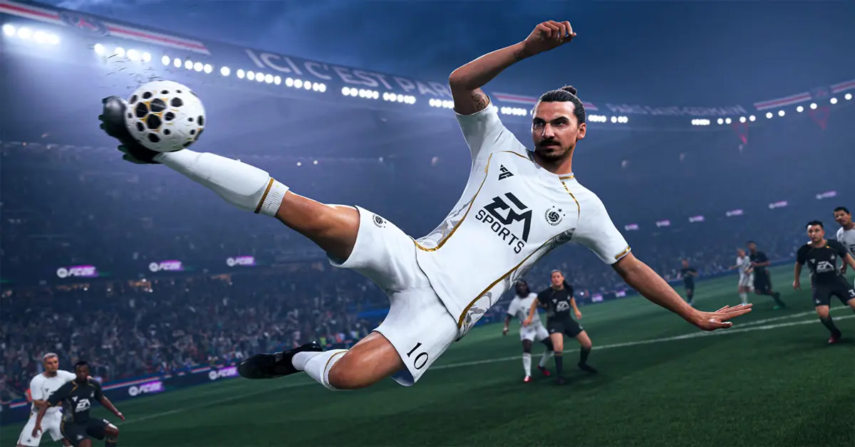 Spits knalt de bal in de kruising in EA Sports FC 26 tijdens een regenwedstrijd