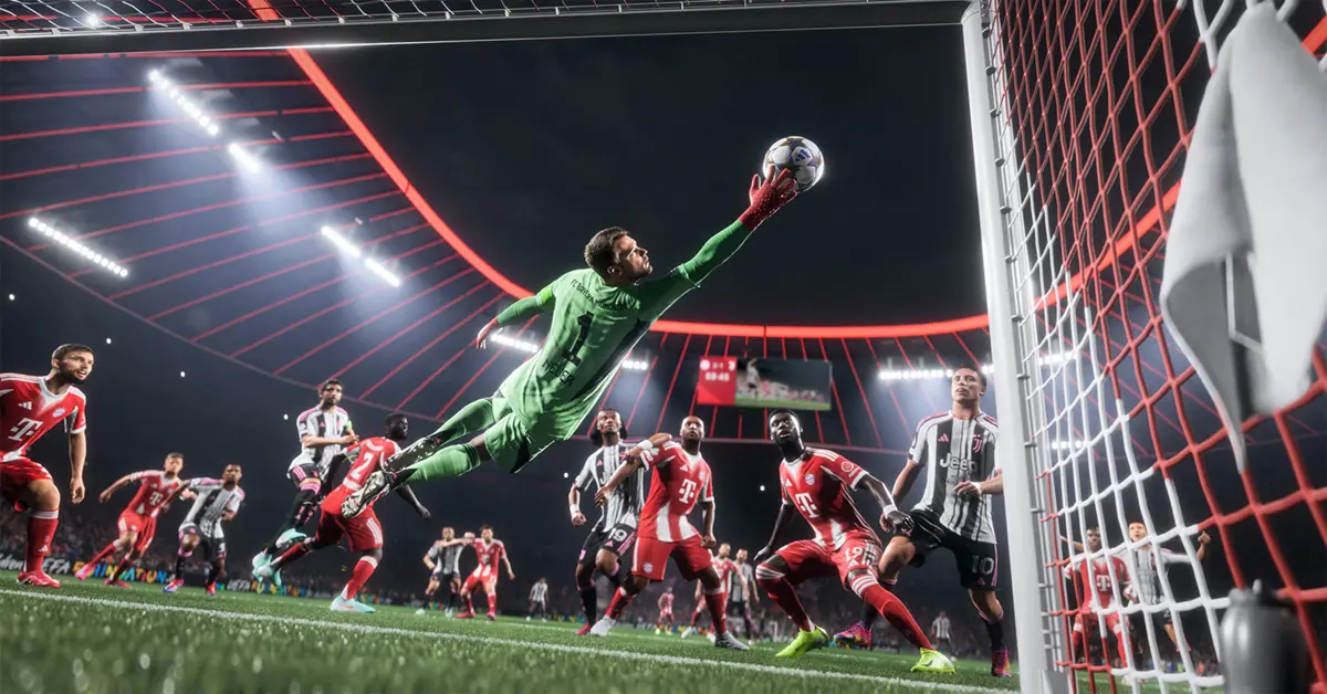 Een keeper in EA Sports FC 26 die zich voorbereidt om de bal uit te trappen.