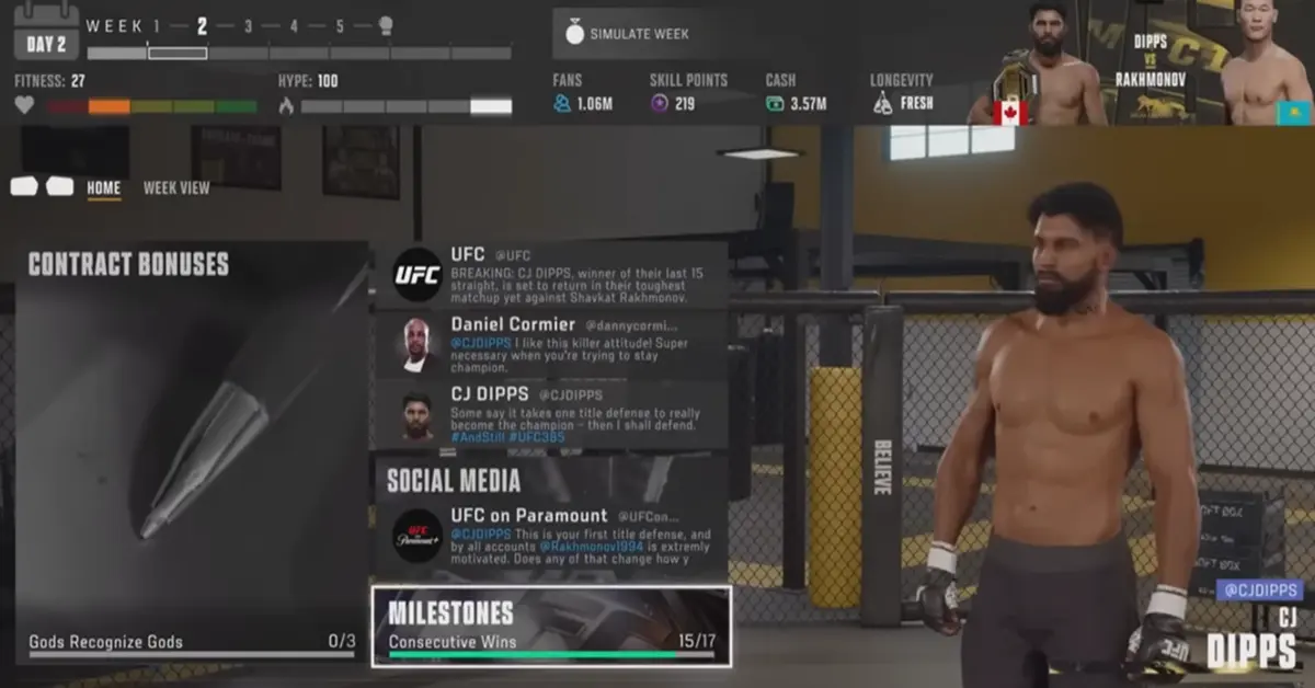 De vernieuwde interface van de Career Mode in EA Sports UFC 6 toont dialoogopties en meters voor de hype van de vechter