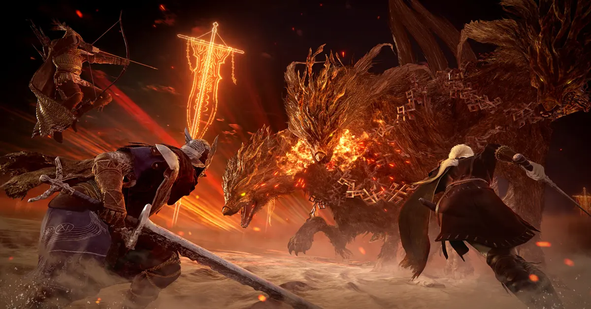 Drie krijgers in gevecht met een enorme baas in de co-op gameplay van Elden Ring Nightreign.