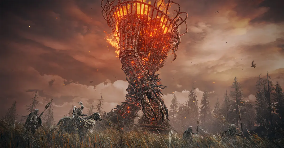Gameplay screenshot van een speler tegenover een enorme furnace golem in Elden Ring DLC.