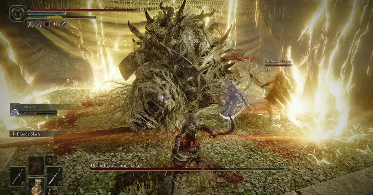 Een Tarnished vecht tegen de Divine Beast Dancing Lion baas met nieuwe wapens