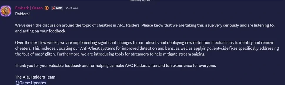 Embark Studios geeft verklaring af aan ARC Raiders cheaters