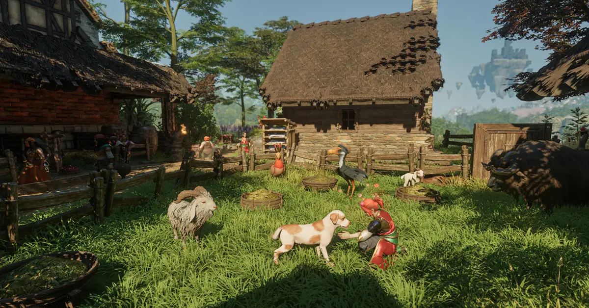 Een speler staat naast pas getemde wilde dieren in een Enshrouded-basis
