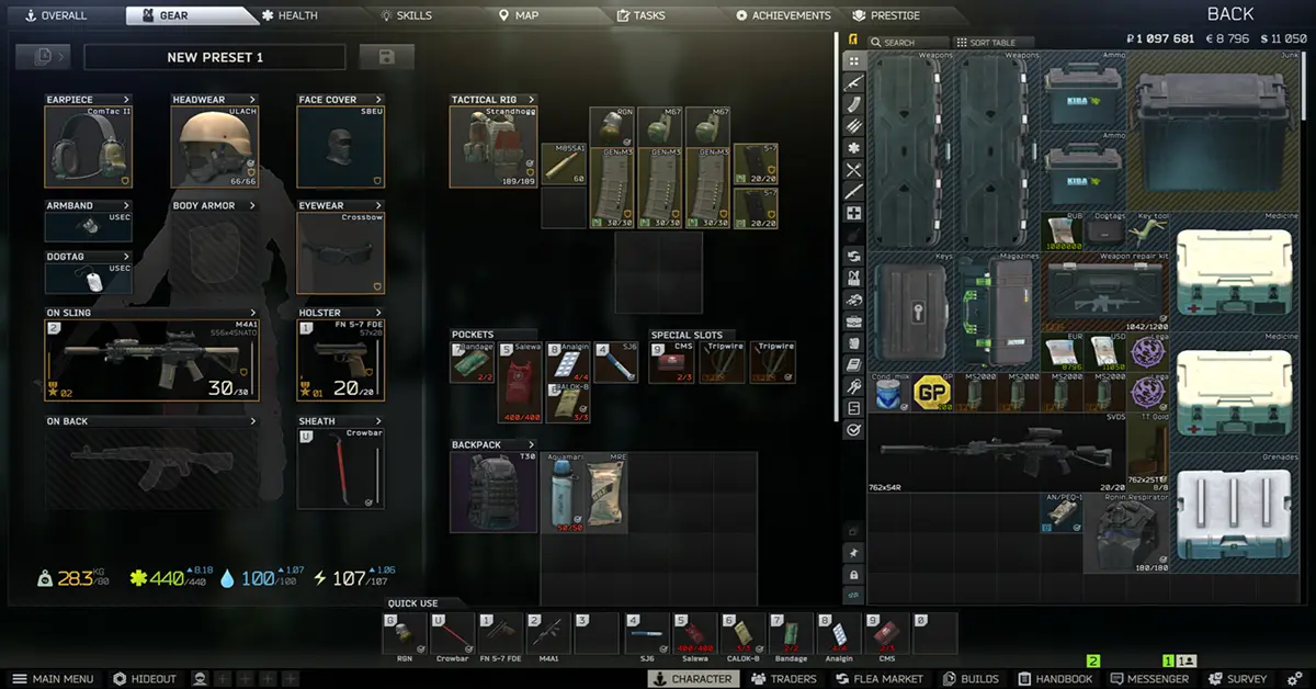 Vergelijkend overzicht van de Escape from Tarkov inventarisruimte en beveiligde containers.
