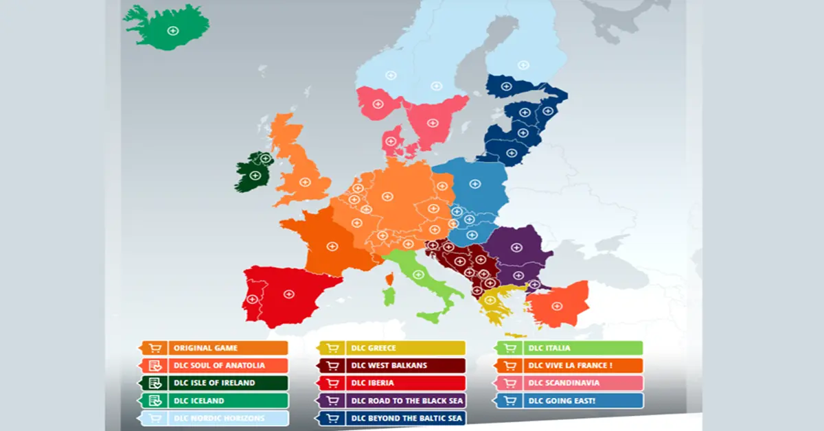 Kaartinterface met uitgebreide Europese gebieden in Euro Truck Simulator 2
