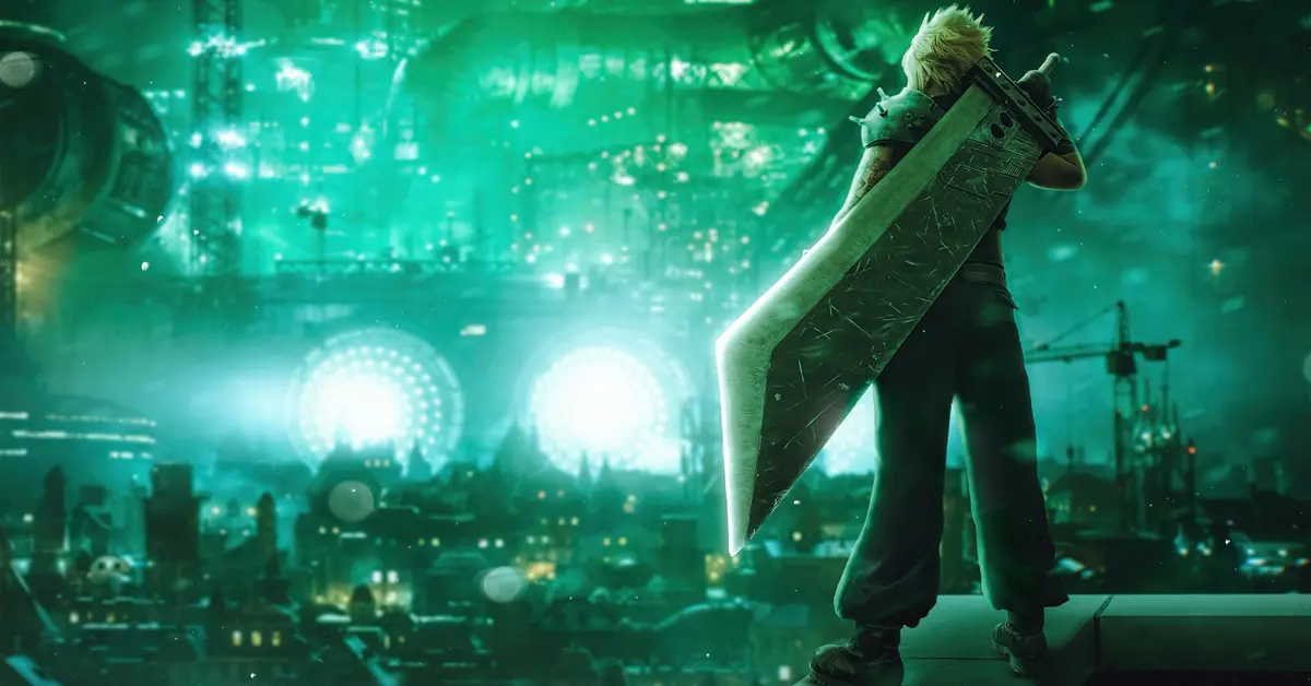 Cloud Strife staat in Midgar met het Buster Sword in Final Fantasy VII Remake Intergrade.