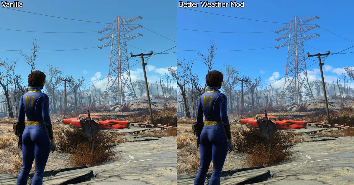 Een sterk gemodde gameplay screenshot die verbeterde weereffecten en realistische belichting toont in Fallout 4.