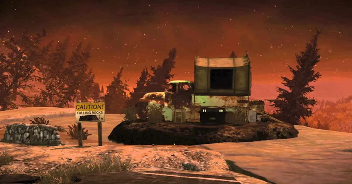 Een speler die de inzetbare Survivaltent gebruikt in een zwaar bestraalde zone van Fallout 76.