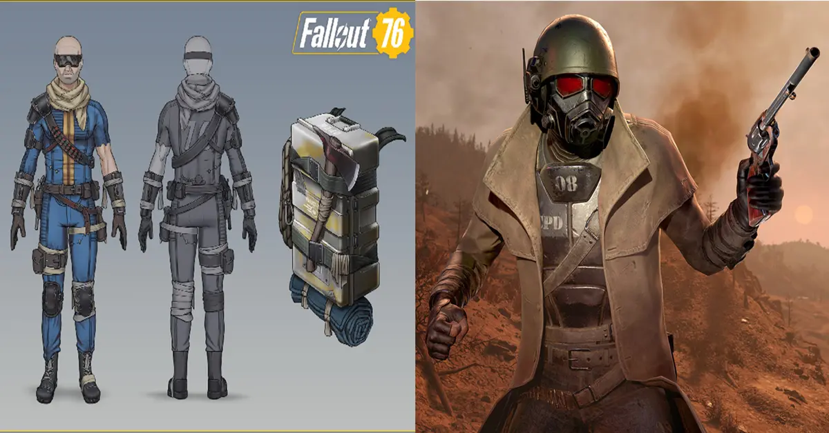 Een gesplitste weergave die het standaard Fallout 76 vault-pak vergelijkt met het premium Fallout 1st Ranger-pantser.