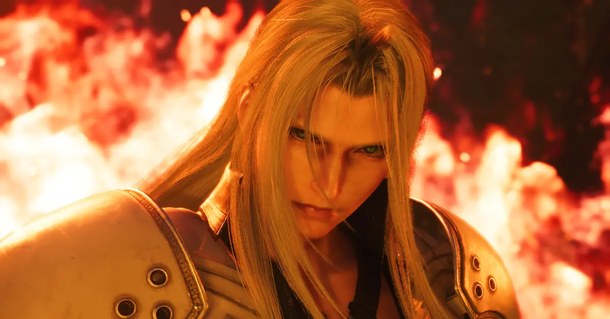 Sephiroth staat te midden van vlammen in een flashback-sequentie.