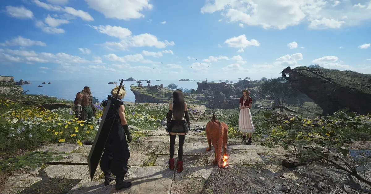 Personages uit Final Fantasy VII Rebirth staan op een klif met uitzicht over de Grasslands.