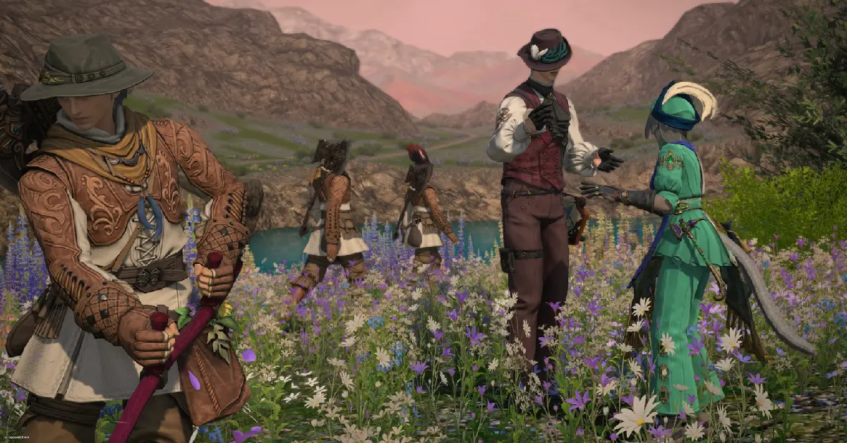 Een Pictomancer en een Viper in een weelderig, levendig jungle-landschap in Final Fantasy XIV Dawntrail.