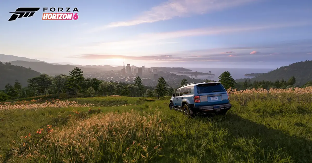 Een schilderachtig uitzicht op bochtige bergpassen buiten Tokio in Forza Horizon 6 tijdens de schemering.