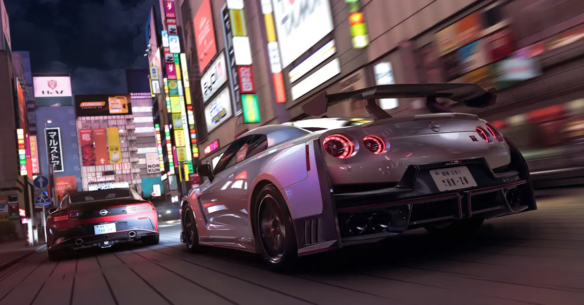 Uma cena estilizada de corridas de rua em Tóquio de Forza Horizon 6, apresentando carros japoneses icónicos sob luzes de néon.