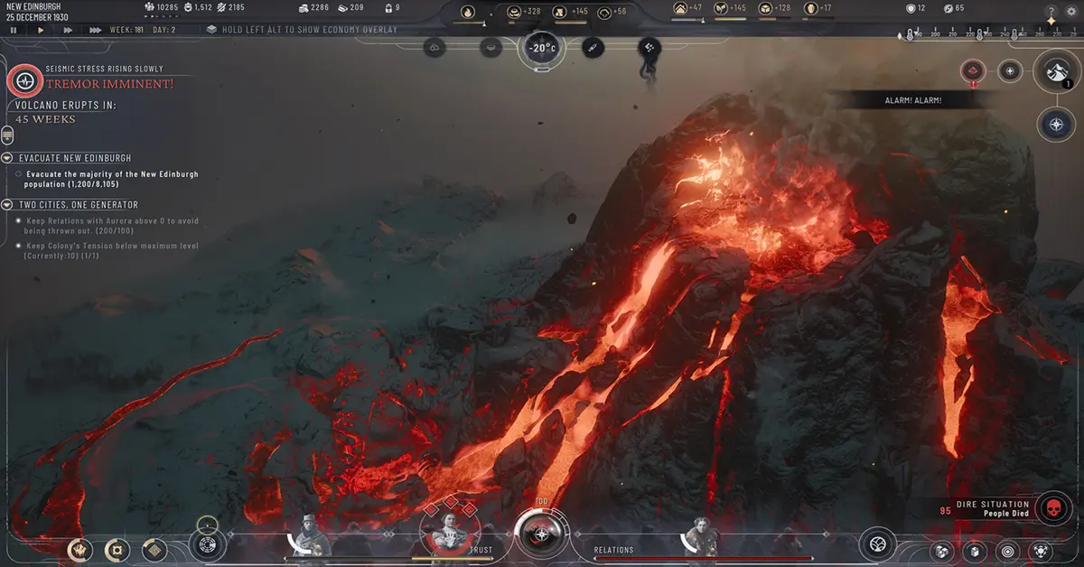 Frostpunk 2 UI die vulkanische asregen toont over de kolonie New Edinburgh