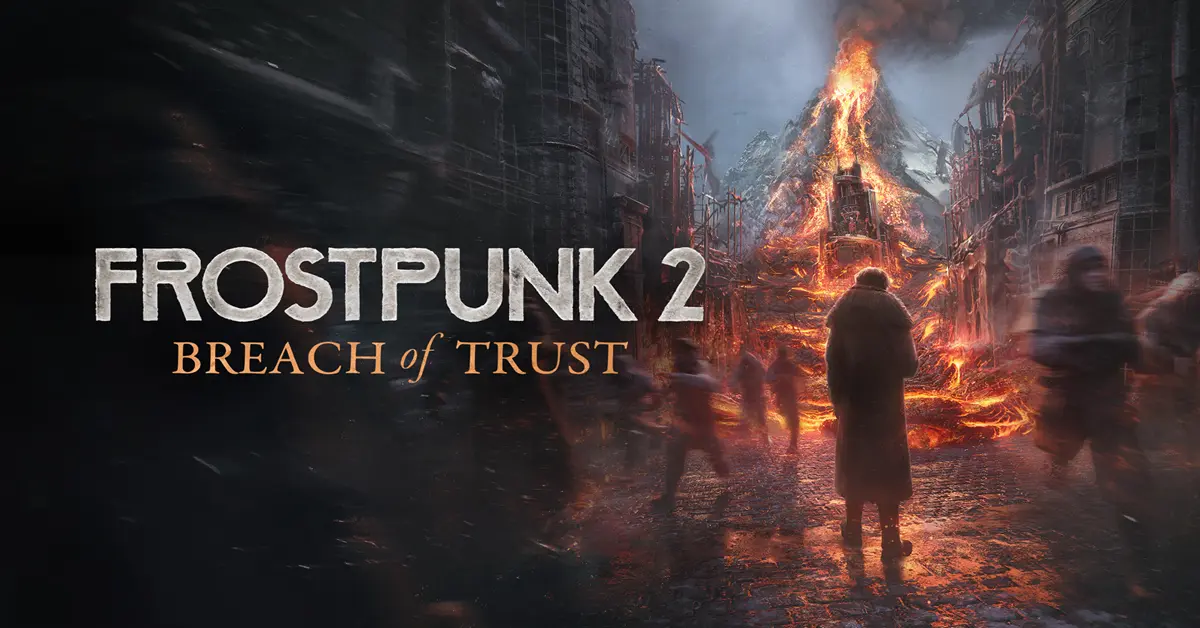 Frostpunk 2 Breach of Trust key art met een bevroren New Edinburgh en vulkanische rook