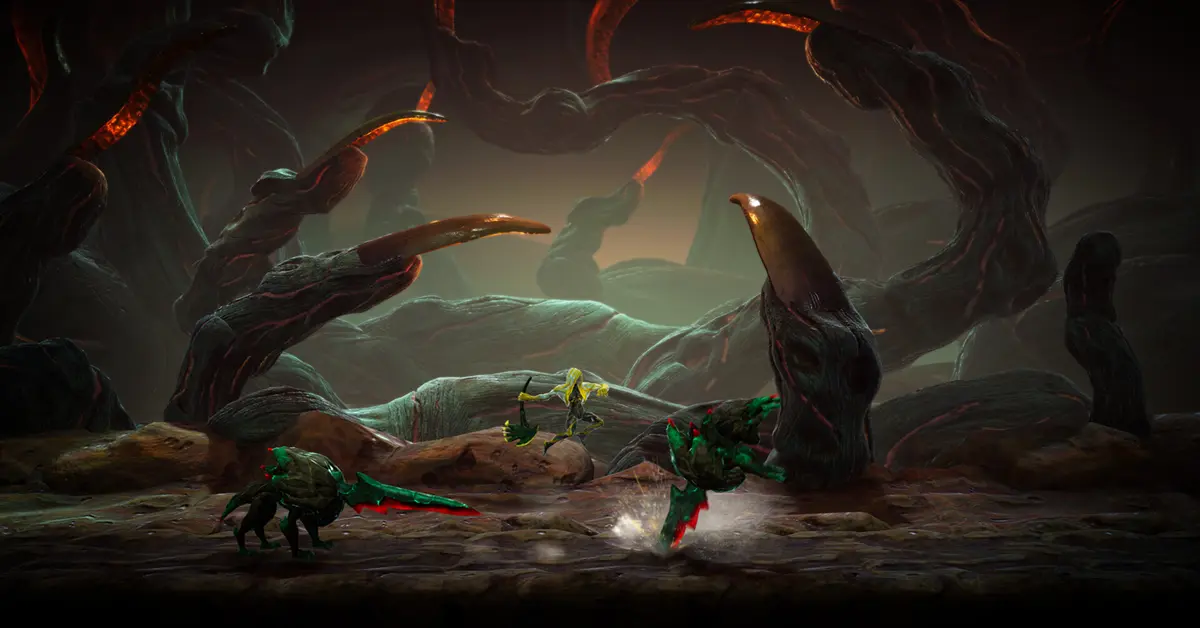 Gameplay screenshot van Grime II waarop de speler te zien is die een steenachtige vorm oproept om een baas aan te vallen.