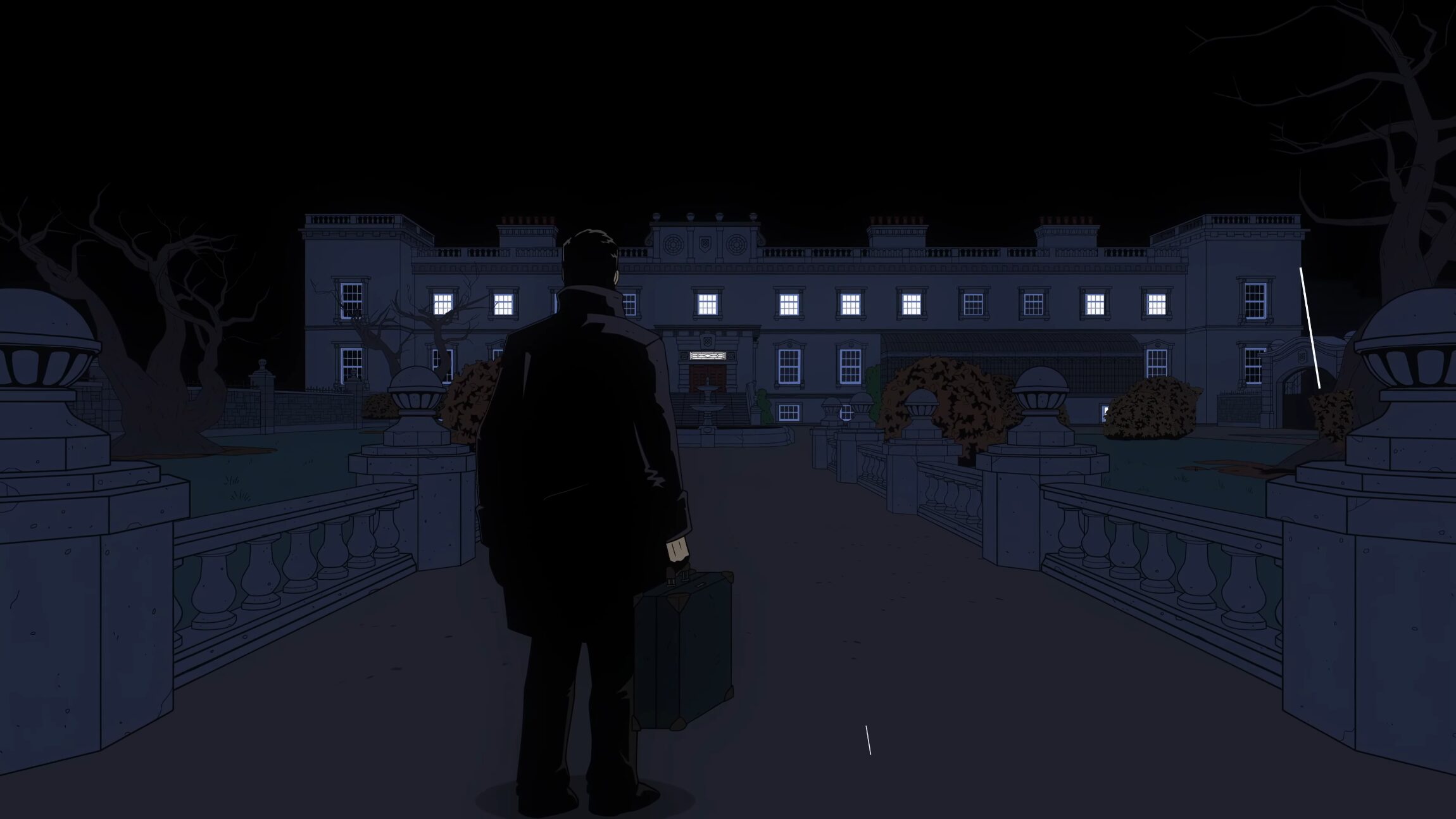 man staand met een koffer voor een landhuis in de nacht