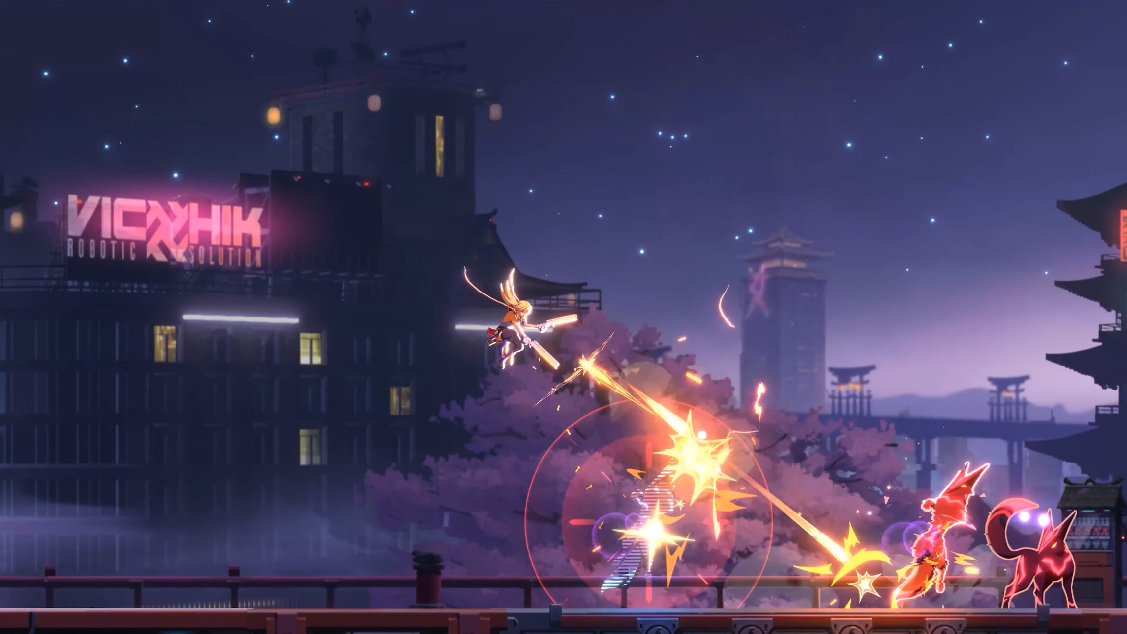 Noel Vermillion die haar pistolen gebruikt om haar tegenstanders te bevechten