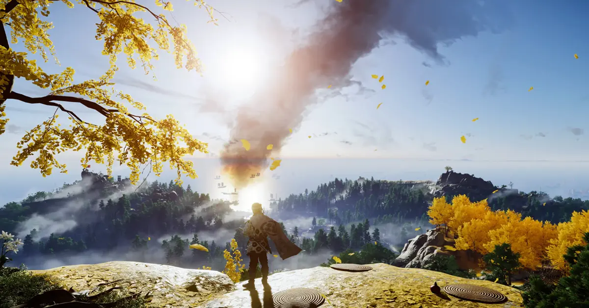 Jin Sakai kijkt uit over het levendige landschap van het eiland Tsushima op de PC