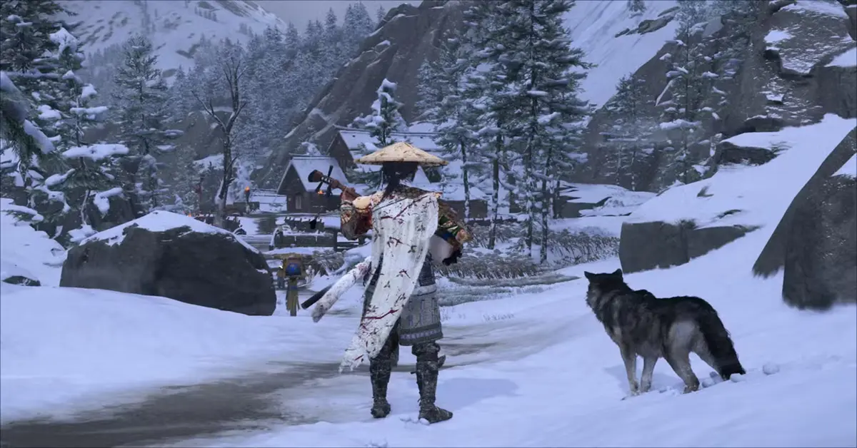 Atsu trekt door de sneeuw met een wolf als metgezel in Ghost of Yōtei gameplay