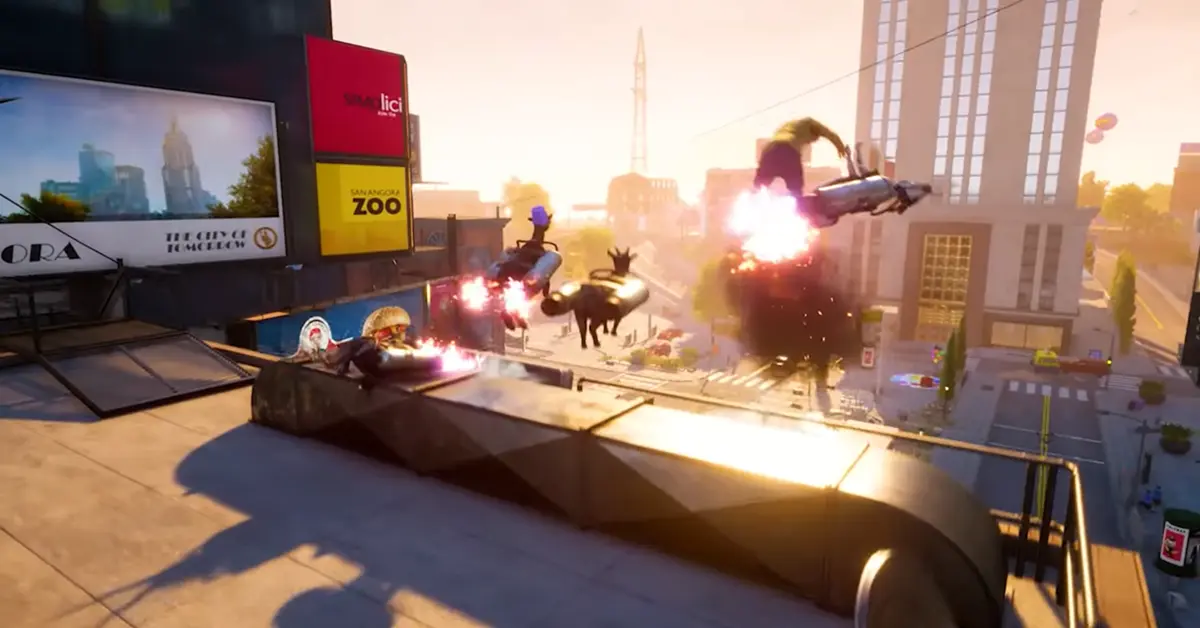 Drie zwaar gepersonaliseerde geiten die met jetpacks door de lucht vliegen in Goat Simulator 3